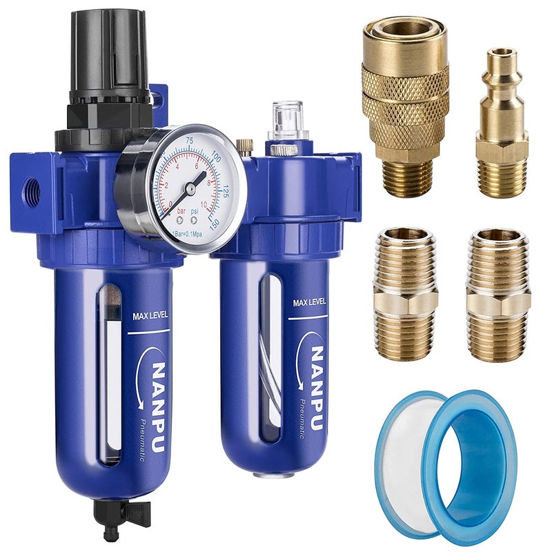 NANPU 3/8" NPT Compressed Air Filter Regulator Lubricator (FRL), Zinc Alloy, 5 Micron Brass Element, 0-150 psi Gauge, Quick Release Bowl, Manual Drain, Metal Bracket - Image 1